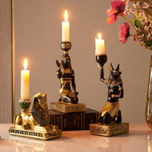 Load image into Gallery viewer, Ancient Egyptian Candle Holders Desktop Gold Candlestick Figurine Craft Home Decoration Dog God Anubis Sphinx Goddess Gifts
